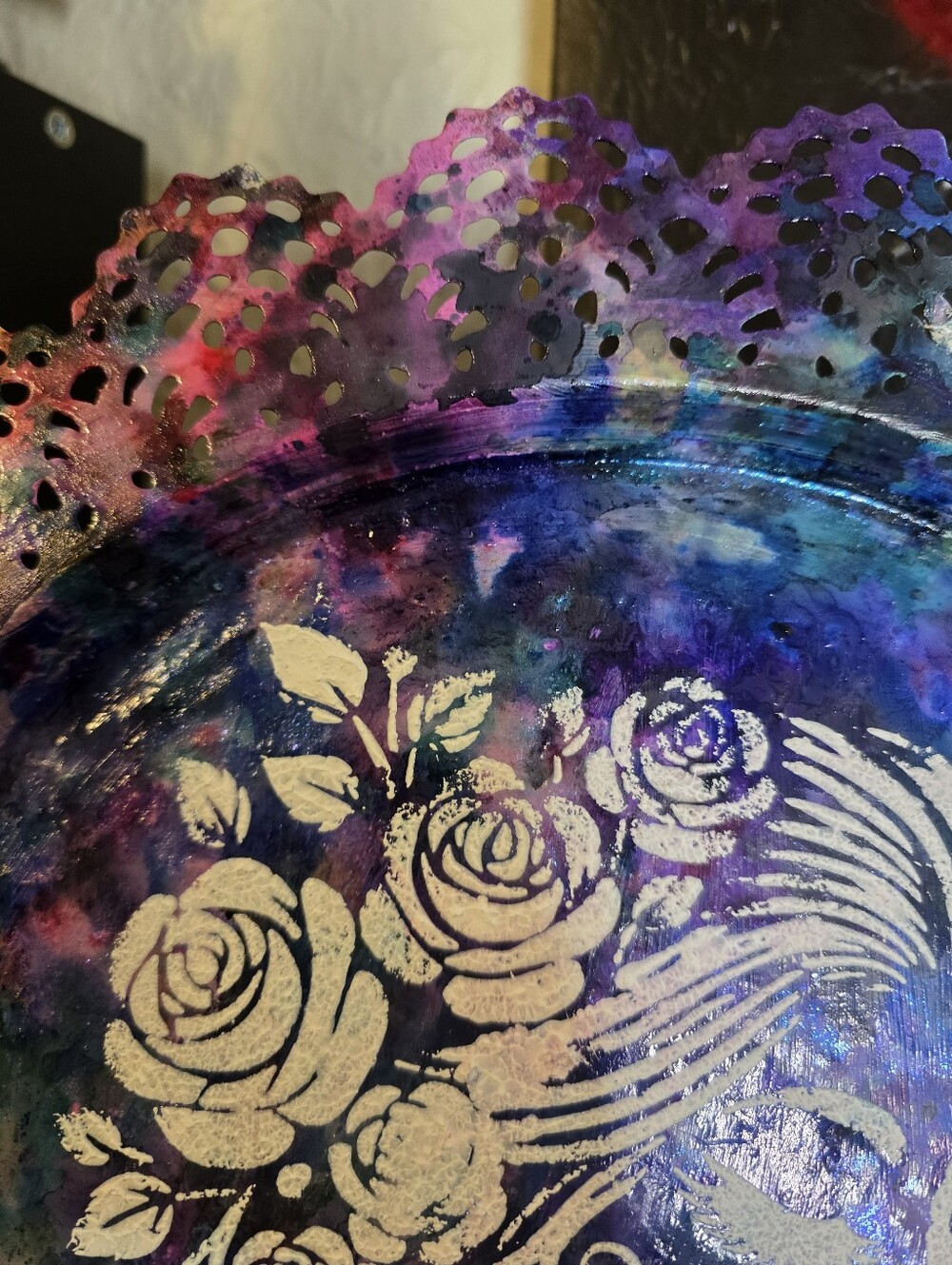 HANDCRAFTED Upcycled Metal Platter HANDPAINTED Tabletop Countertop Art Decor 15" - Picture 5 of 17